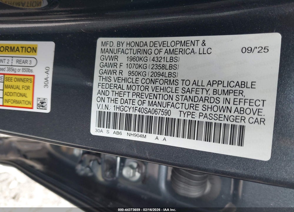 2025 HONDA ACCORD SE VIN: 1HGCY1F40SA067590