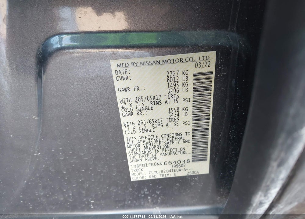 2022 NISSAN FRONTIER LONG BED SV 4X4 VIN: 1N6ED1FK0NN664038