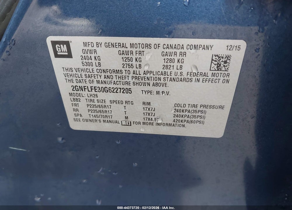 2016 CHEVROLET EQUINOX LT VIN: 2GNFLFE30G6227205
