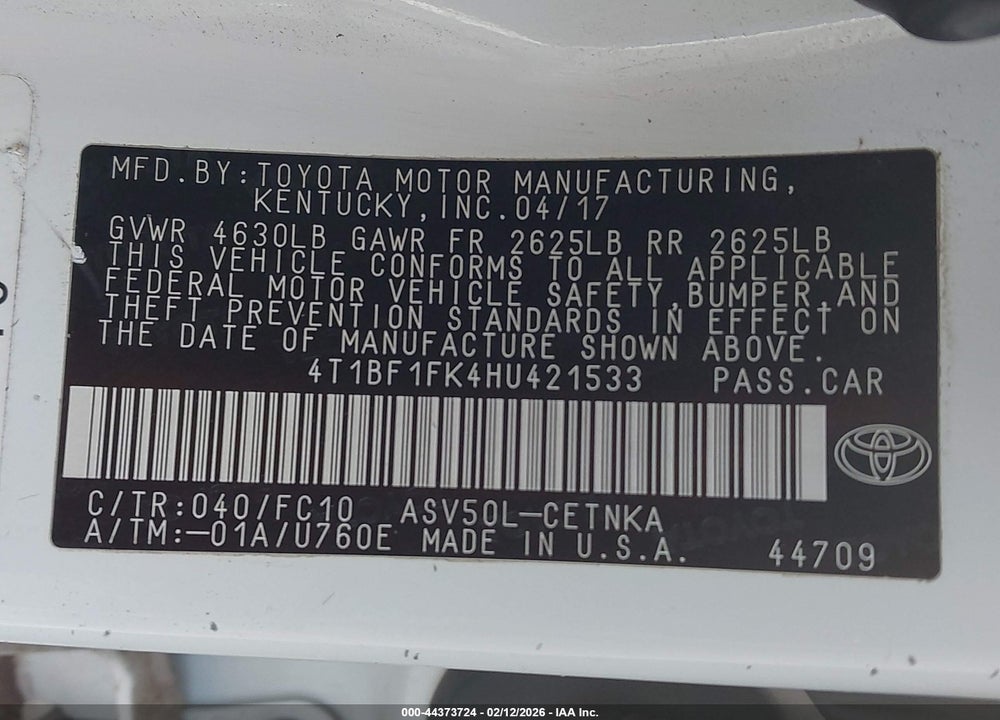 2017 TOYOTA CAMRY LE VIN: 4T1BF1FK4HU421533
