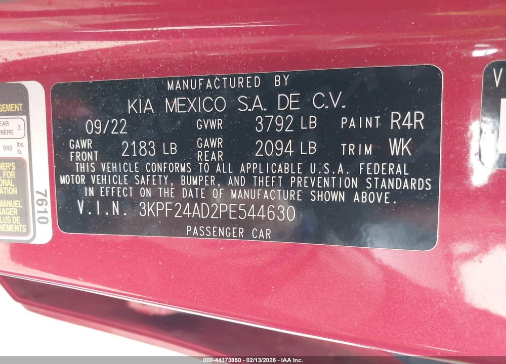 2023 KIA FORTE LXS VIN: 3KPF24AD2PE544630