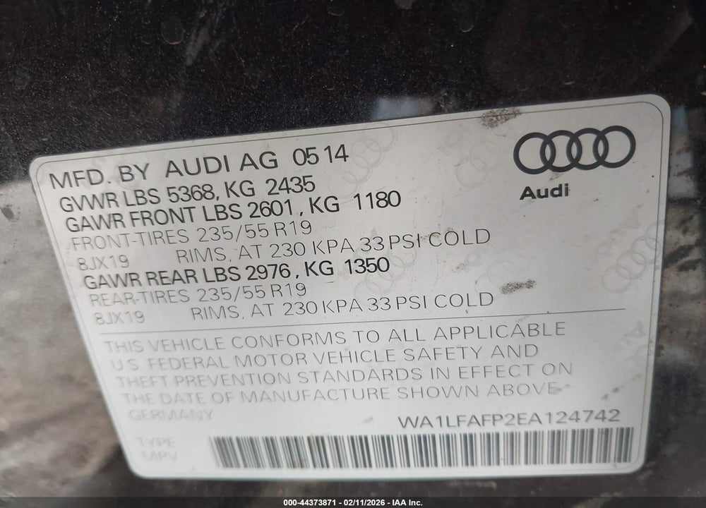 2014 AUDI Q5 2.0T PREMIUM VIN: WA1LFAFP2EA124742