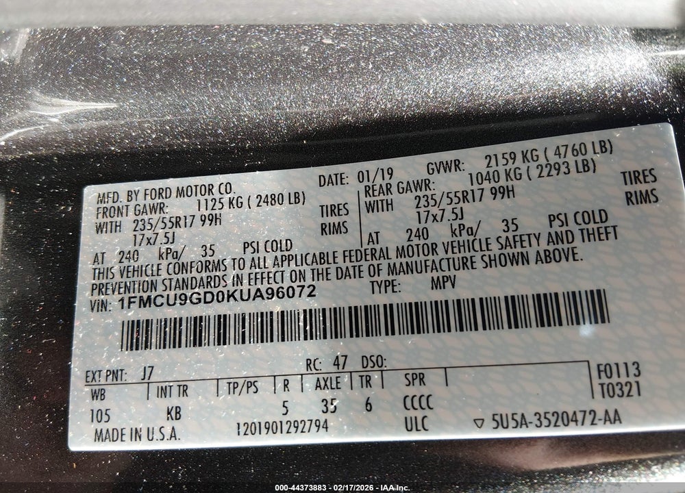 2019 FORD ESCAPE SE VIN: 1FMCU9GD0KUA96072