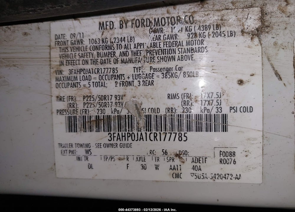2012 FORD FUSION SEL VIN: 3FAHP0JA1CR177785
