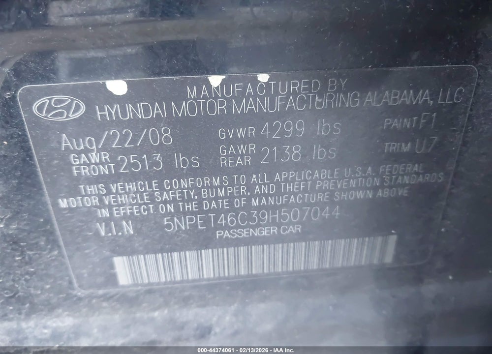 2009 HYUNDAI SONATA GLS VIN: 5NPET46C39H507044