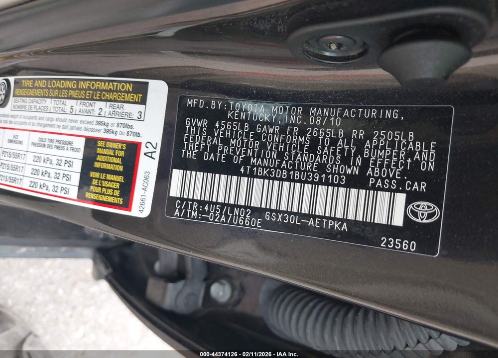 2011 TOYOTA AVALON LIMITED VIN: 4T1BK3DB1BU391103