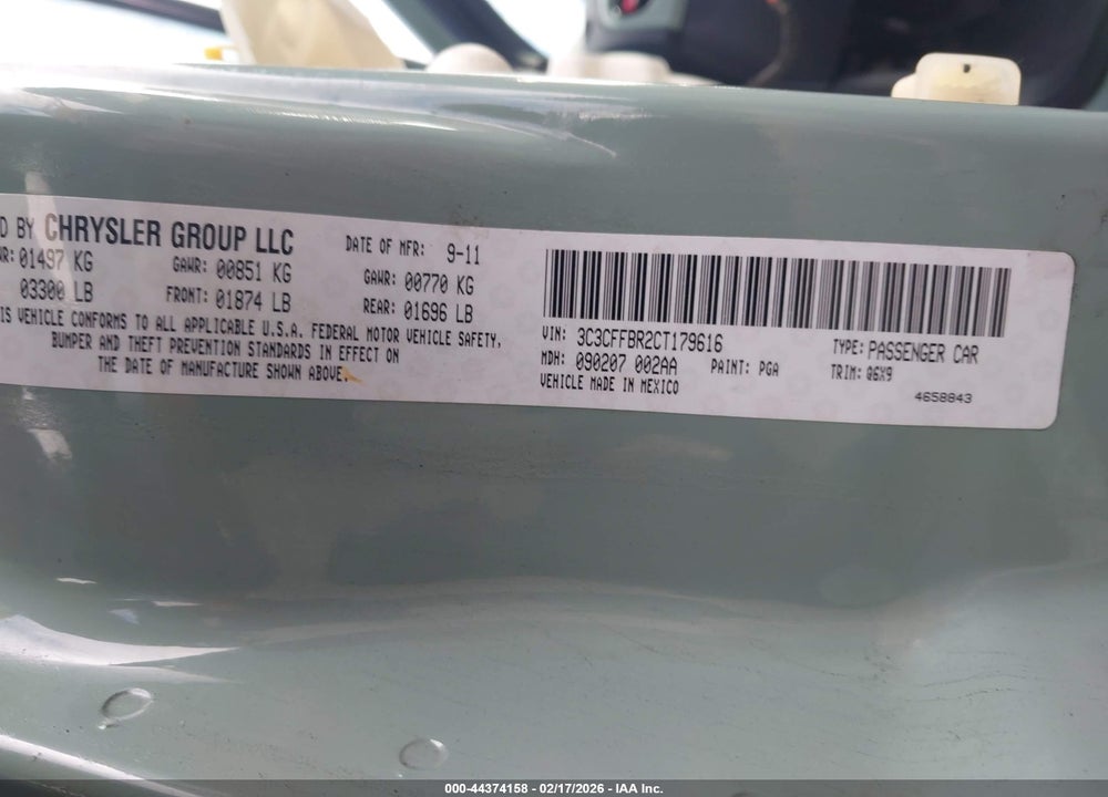 2012 FIAT 500 SPORT VIN: 3C3CFFBR2CT179616