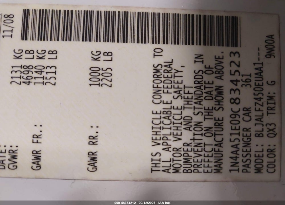 2009 NISSAN MAXIMA 3.5 SV VIN: 1N4AA51E09C834523