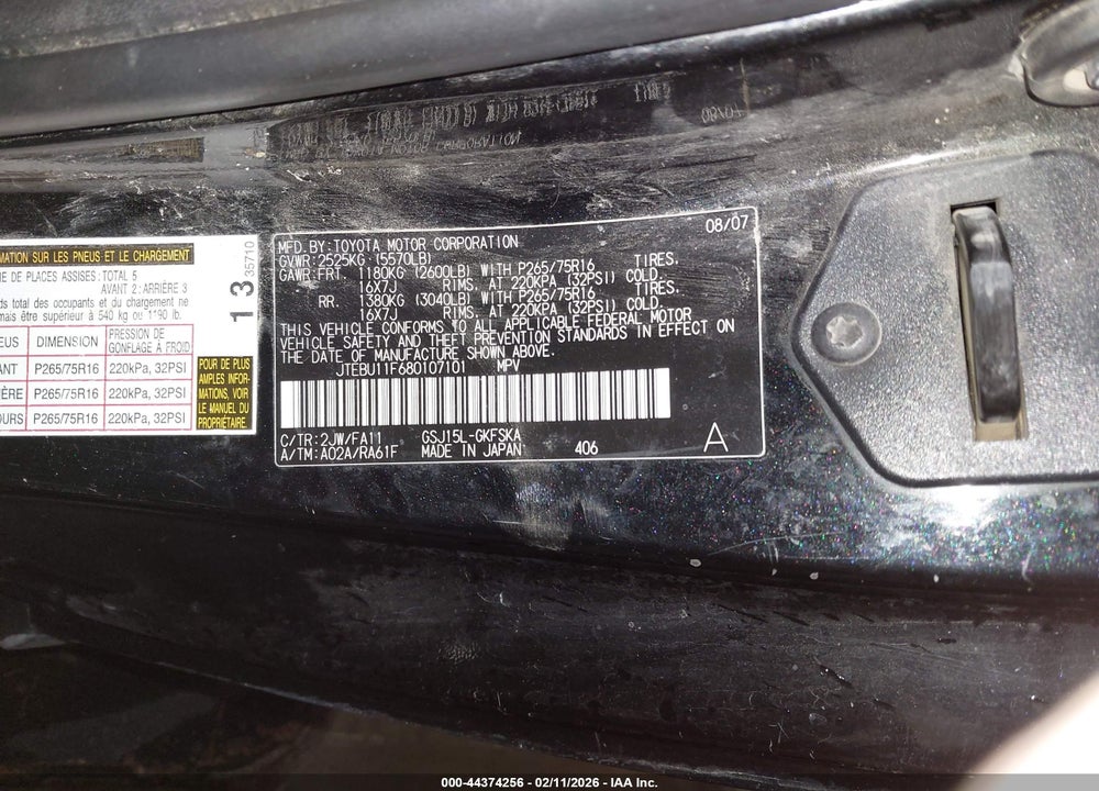 2008 TOYOTA FJ CRUISER VIN: JTEBU11F680107101