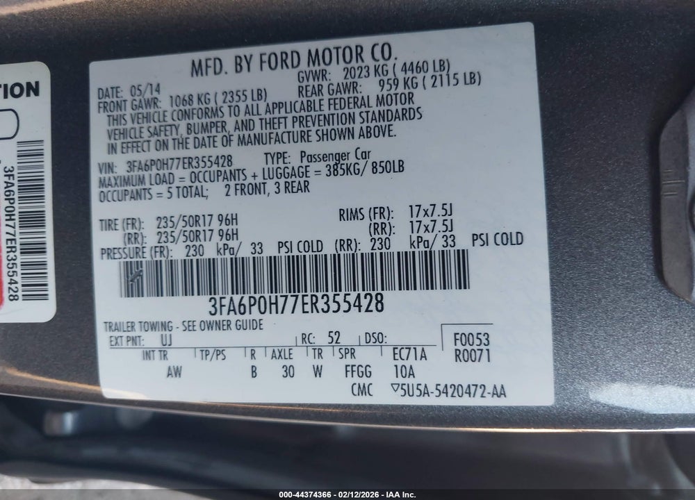 2014 FORD FUSION SE VIN: 3FA6P0H77ER355428