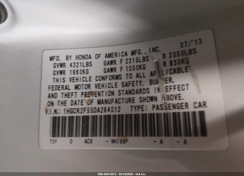 2013 HONDA ACCORD SPORT VIN: 1HGCR2F55DA264012