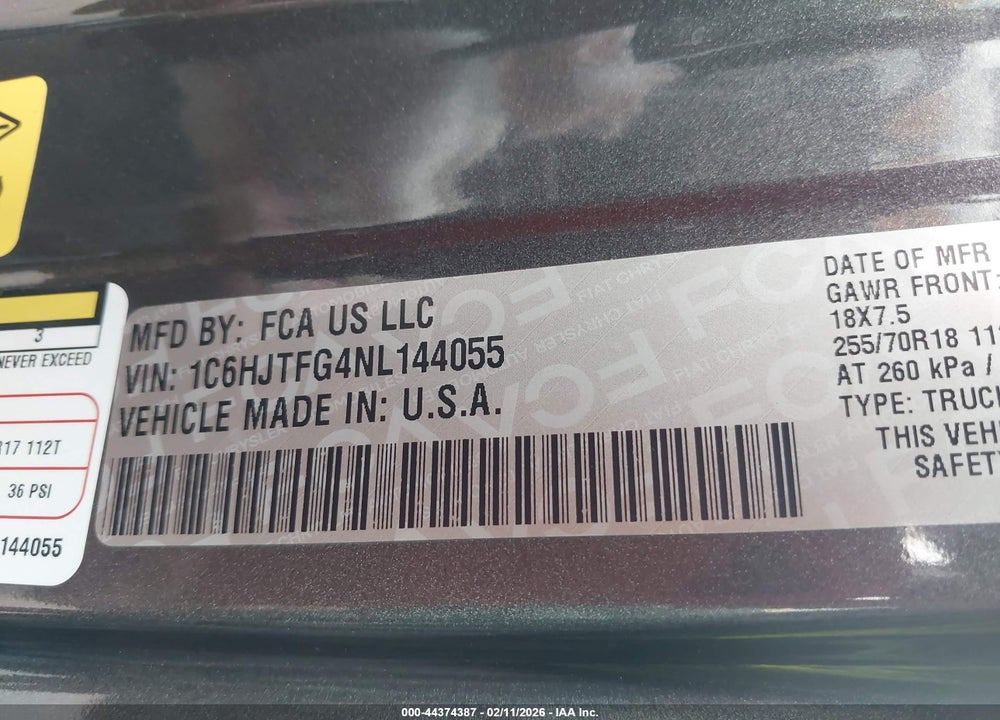 2022 JEEP GLADIATOR OVERLAND 4X4 VIN: 1C6HJTFG4NL144055