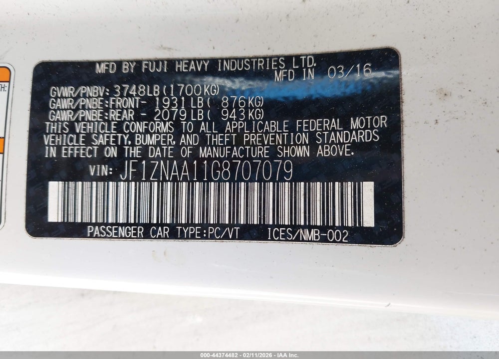 2016 SCION FR-S RELEASE SERIES 2.0 VIN: JF1ZNAA11G8707079