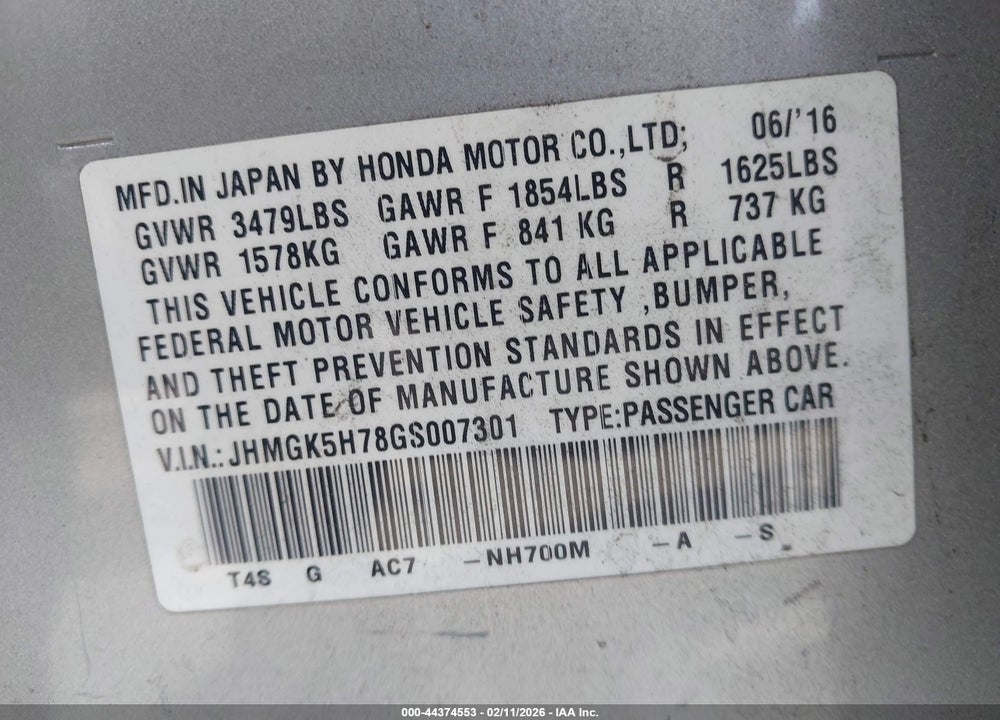 2016 HONDA FIT EX VIN: JHMGK5H78GS007301