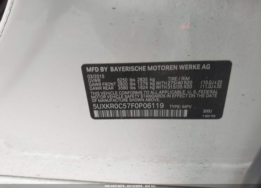 2015 BMW X5 XDRIVE35I VIN: 5UXKR0C57F0P06119