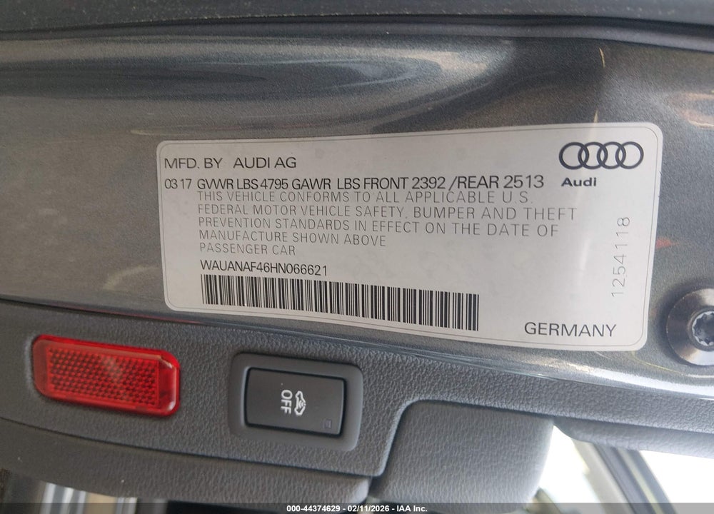 2017 AUDI A4 2.0T PREMIUM VIN: WAUANAF46HN066621