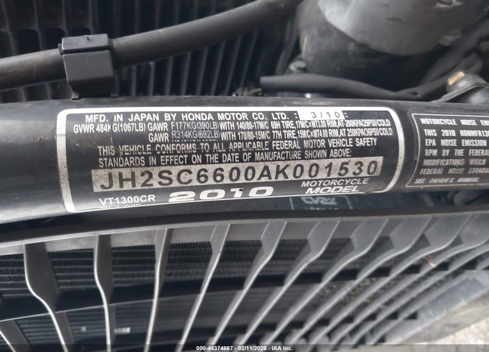 2010 HONDA VT1300 CR VIN: JH2SC6600AK001530