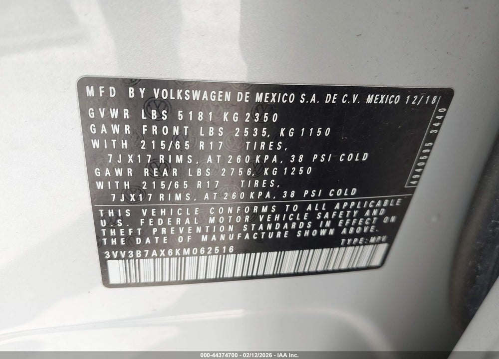 2019 VOLKSWAGEN TIGUAN 2.0T SE/2.0T SEL/2.0T SEL R-LINE/2.0T SEL R-LINE BLACK VIN: 3VV3B7AX6KM062516