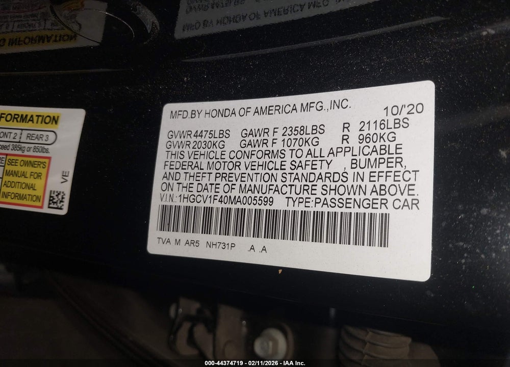 2021 HONDA ACCORD SPORT SPECIAL EDITION VIN: 1HGCV1F40MA005599