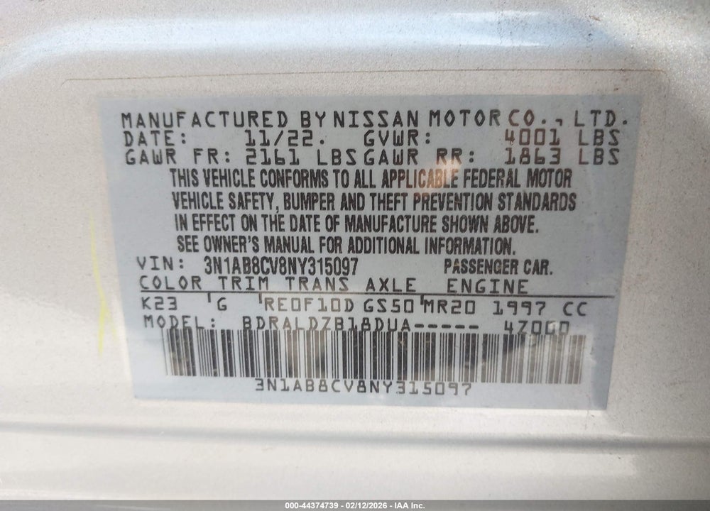 2022 NISSAN SENTRA SV XTRONIC CVT VIN: 3N1AB8CV8NY315097