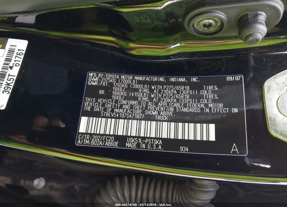 2007 TOYOTA TUNDRA SR5 5.7L V8 VIN: 5TBEV54197S471877