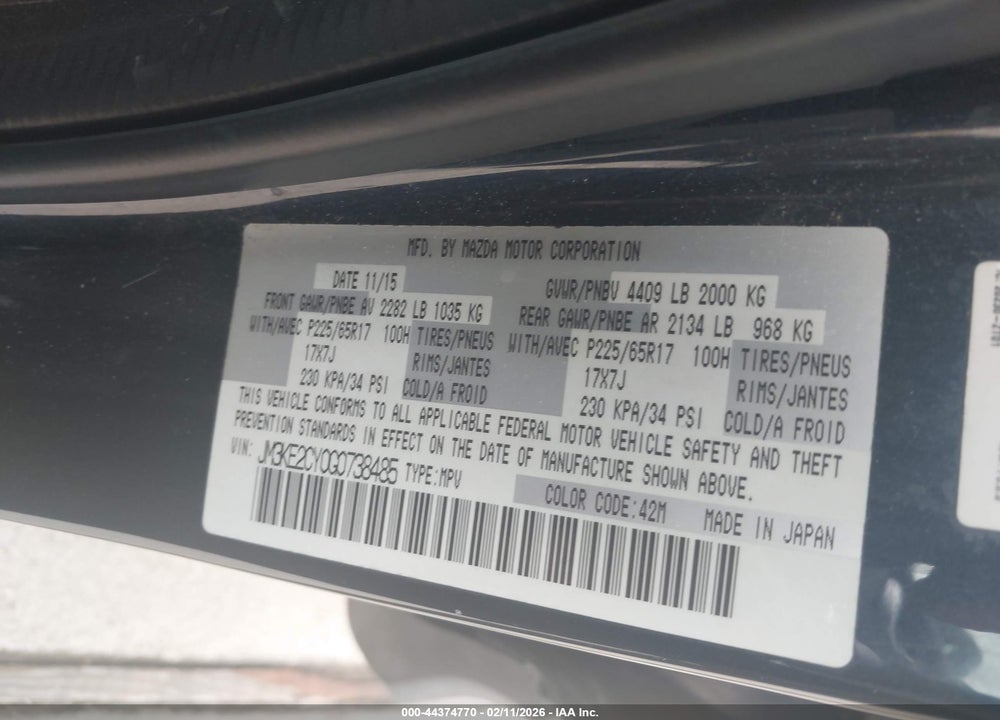 2016 MAZDA CX-5 TOURING VIN: JM3KE2CY0G0738485