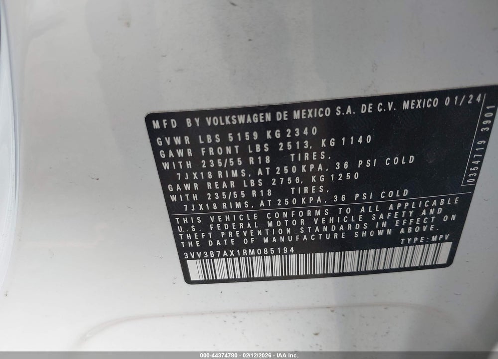 2024 VOLKSWAGEN TIGUAN 2.0T SE/2.0T WOLFSBURG EDITION VIN: 3VV3B7AX1RM085194
