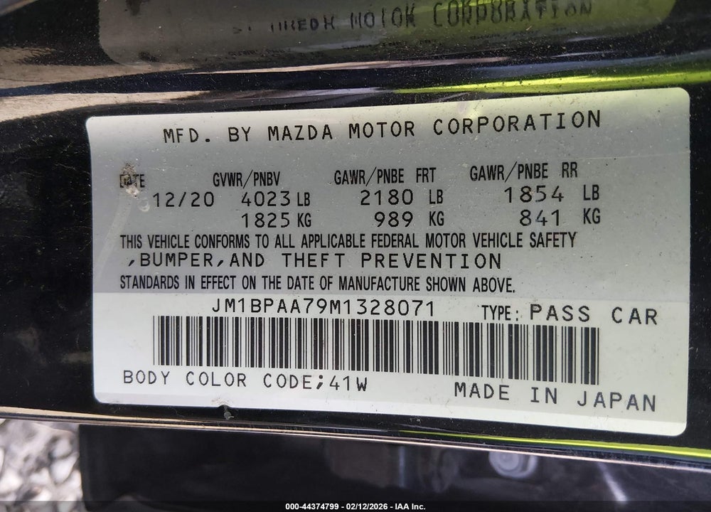 2021 MAZDA 3 2.0 VIN: JM1BPAA79M1328071
