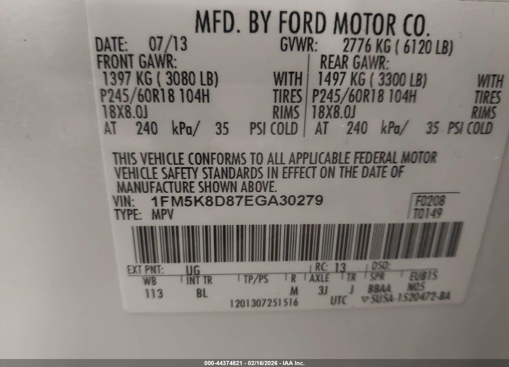 2014 FORD EXPLORER XLT VIN: 1FM5K8D87EGA30279