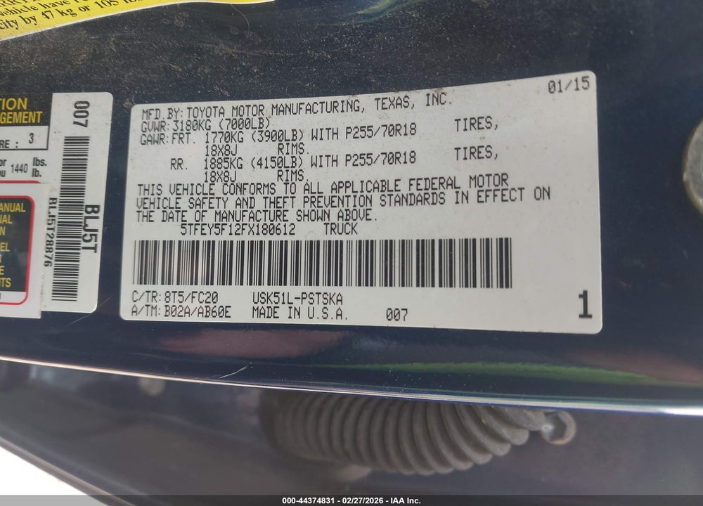 2015 TOYOTA TUNDRA SR5 5.7L V8 VIN: 5TFEY5F12FX180612