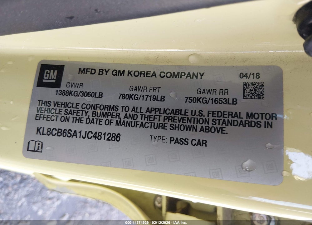 2018 CHEVROLET SPARK LS CVT VIN: KL8CB6SA1JC481286