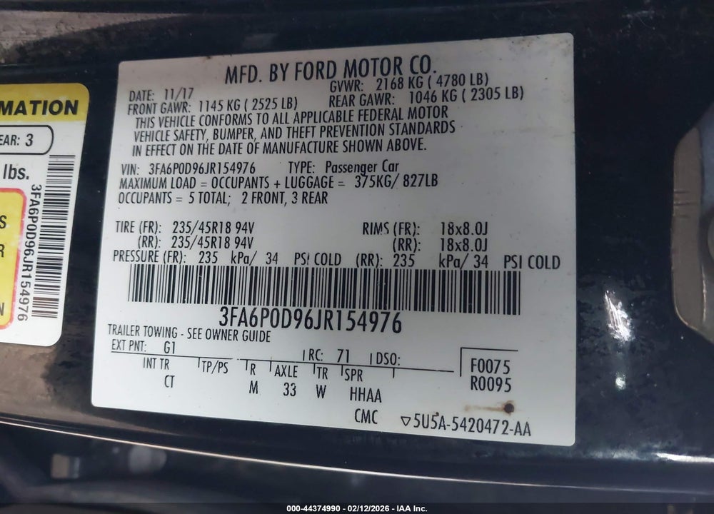2018 FORD FUSION TITANIUM VIN: 3FA6P0D96JR154976