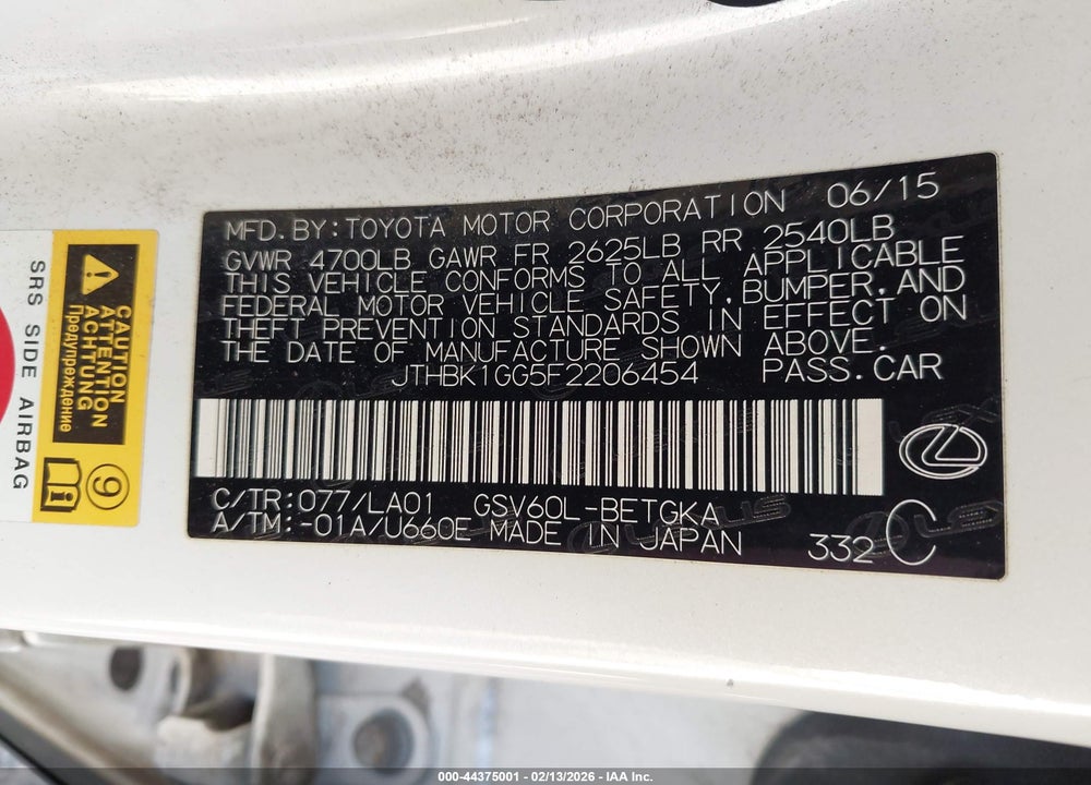 2015 LEXUS ES 350 VIN: JTHBK1GG5F2206454