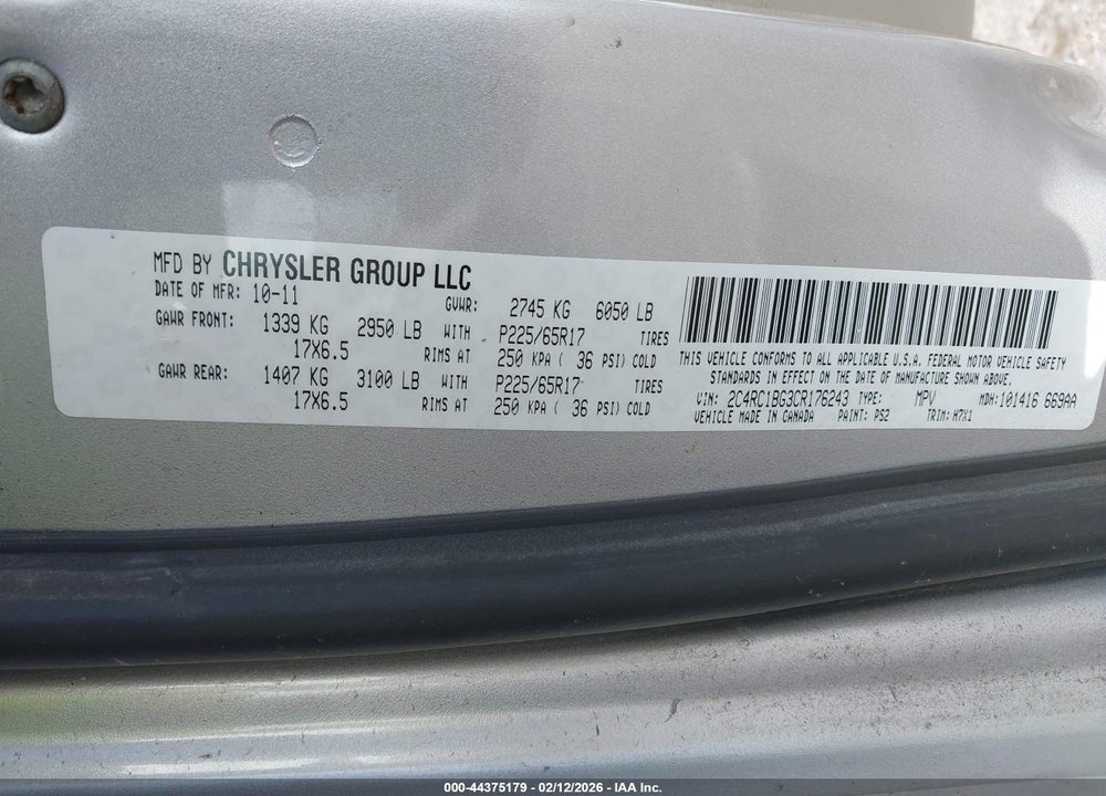 2012 CHRYSLER TOWN & COUNTRY TOURING VIN: 2C4RC1BG3CR176243