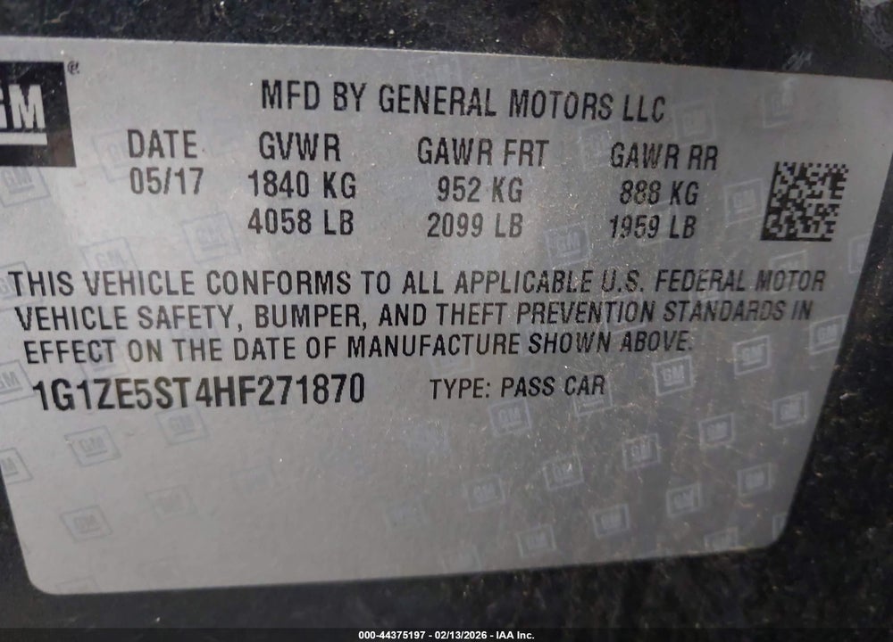 2017 CHEVROLET MALIBU 1LT VIN: 1G1ZE5ST4HF271870