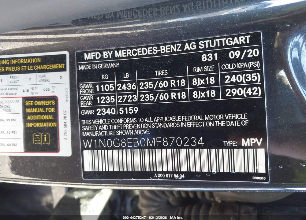 2021 MERCEDES-BENZ GLC 300 4MATIC SUV VIN: W1N0G8EB0MF870234