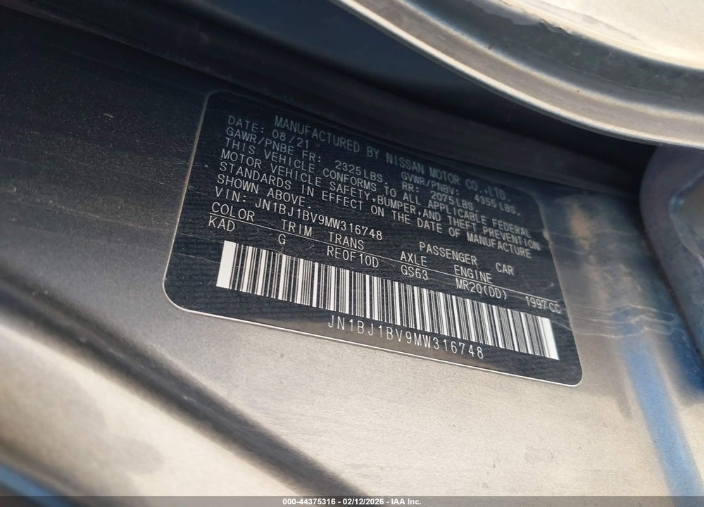 2021 NISSAN ROGUE SPORT SV FWD XTRONIC CVT VIN: JN1BJ1BV9MW316748