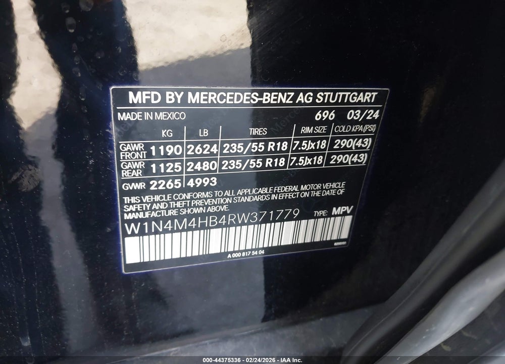 2024 MERCEDES-BENZ GLB 250 4MATIC VIN: W1N4M4HB4RW371779