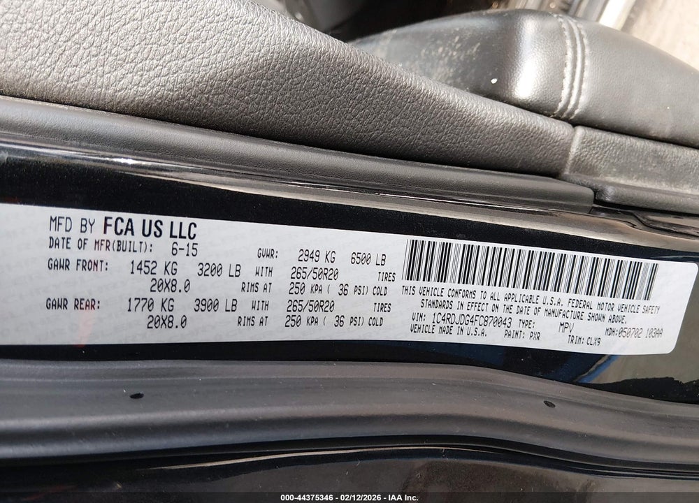 2015 DODGE DURANGO LIMITED VIN: 1C4RDJDG4FC870043