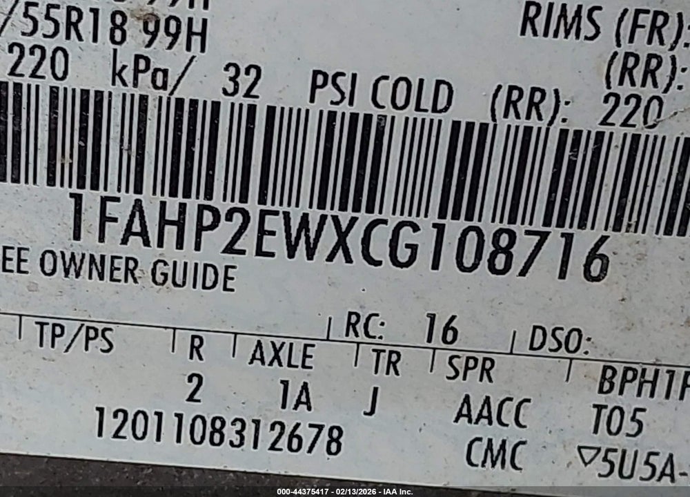 2012 FORD TAURUS SEL VIN: 1FAHP2EWXCG108716