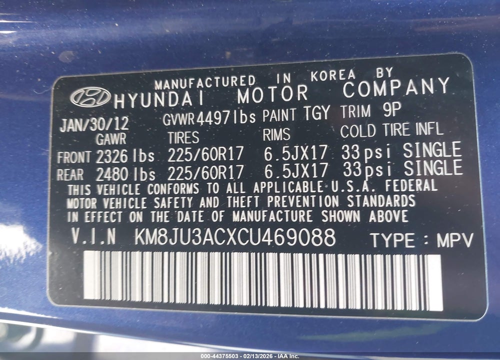 2012 HYUNDAI TUCSON GLS VIN: KM8JU3ACXCU469088