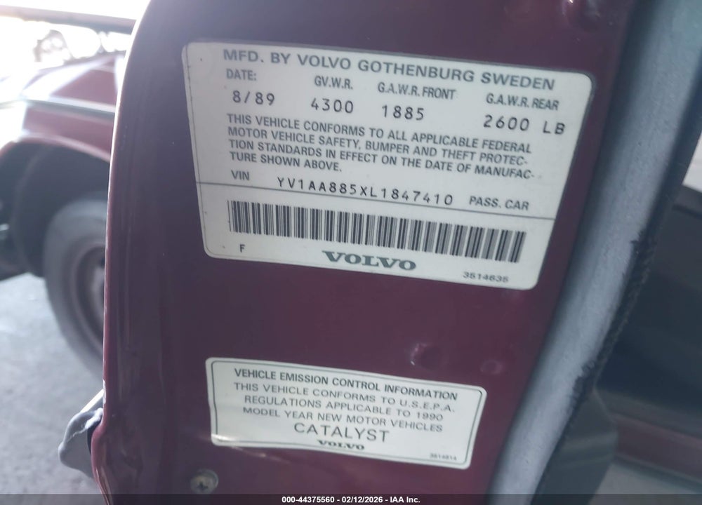 1990 VOLVO 240 DL VIN: YV1AA885XL1847410
