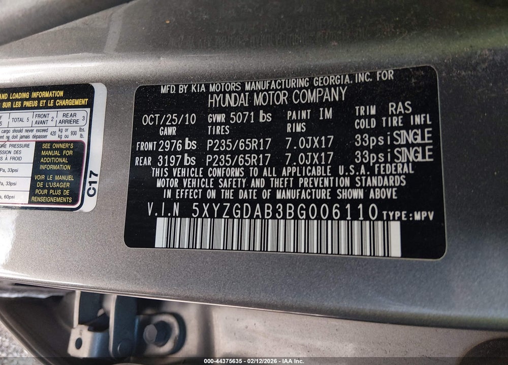 2011 HYUNDAI SANTA FE GLS VIN: 5XYZGDAB3BG006110
