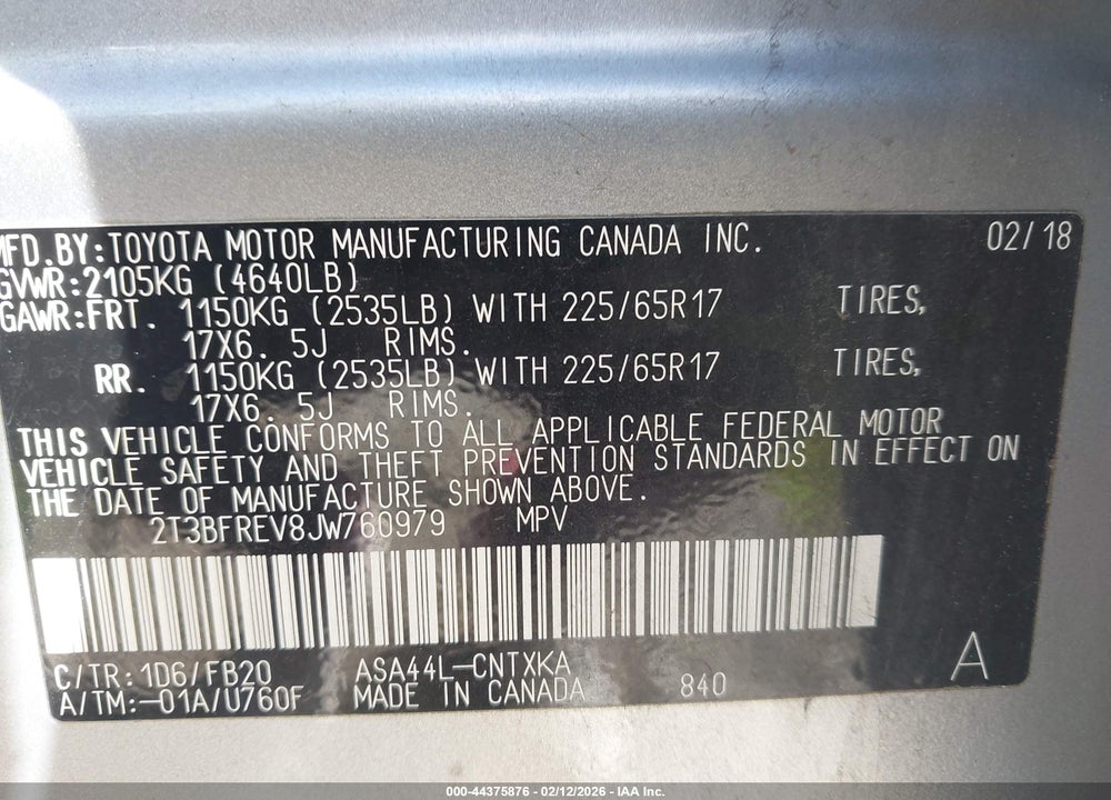 2018 TOYOTA RAV4 LE VIN: 2T3BFREV8JW760979