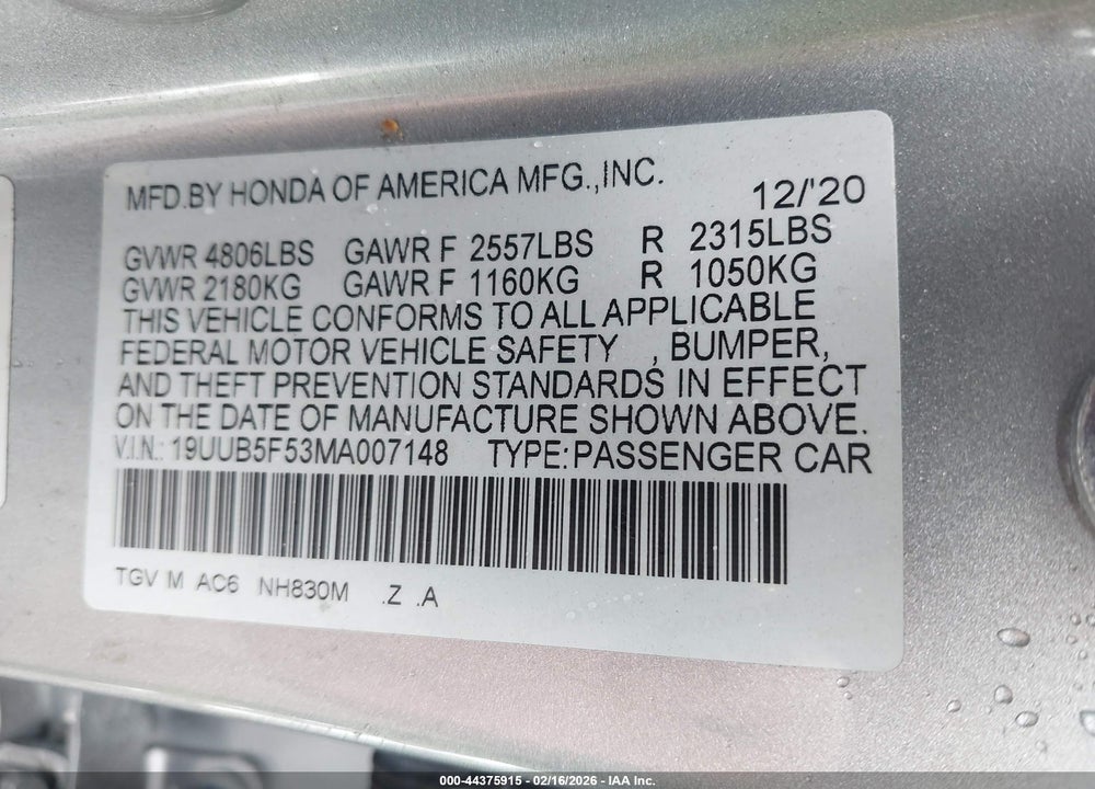 2021 ACURA TLX A-SPEC PACKAGE VIN: 19UUB5F53MA007148