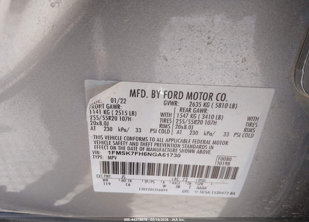 2022 FORD EXPLORER LIMITED VIN: 1FMSK7FH6NGA61730
