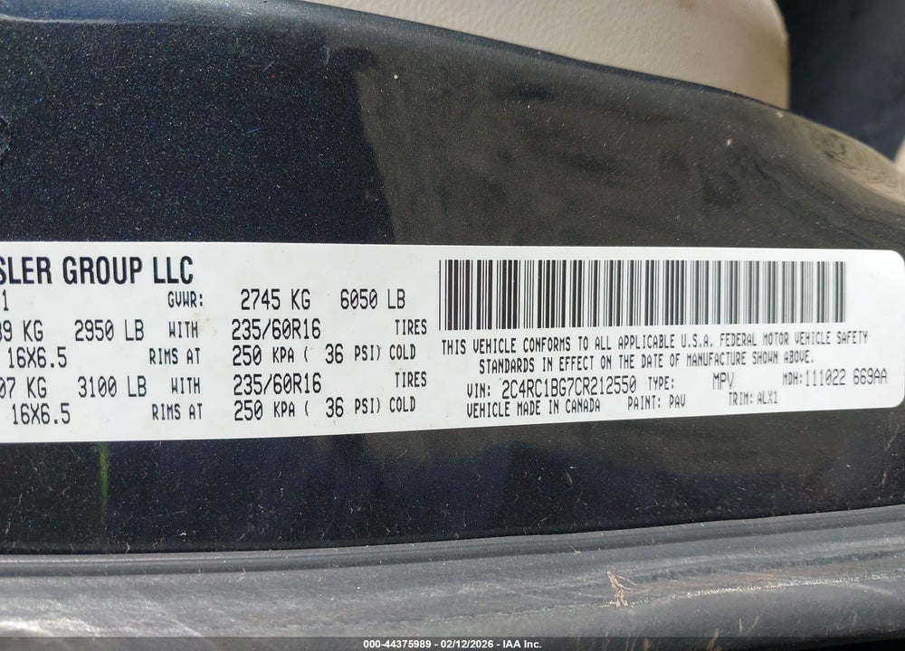 2012 CHRYSLER TOWN & COUNTRY TOURING VIN: 2C4RC1BG7CR212550
