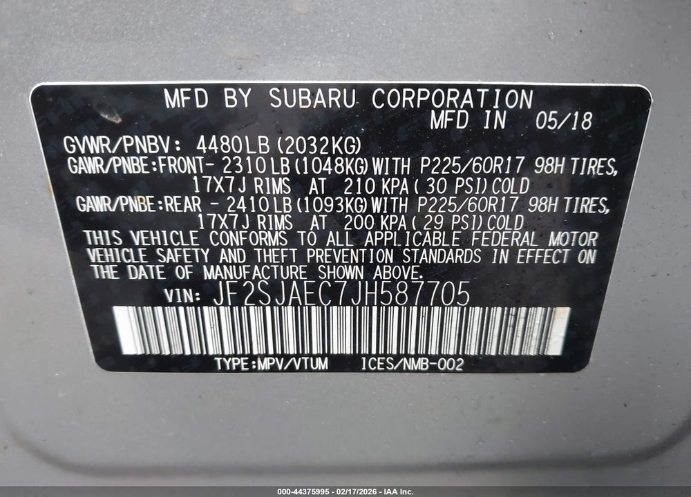 2018 SUBARU FORESTER 2.5I PREMIUM VIN: JF2SJAEC7JH587705