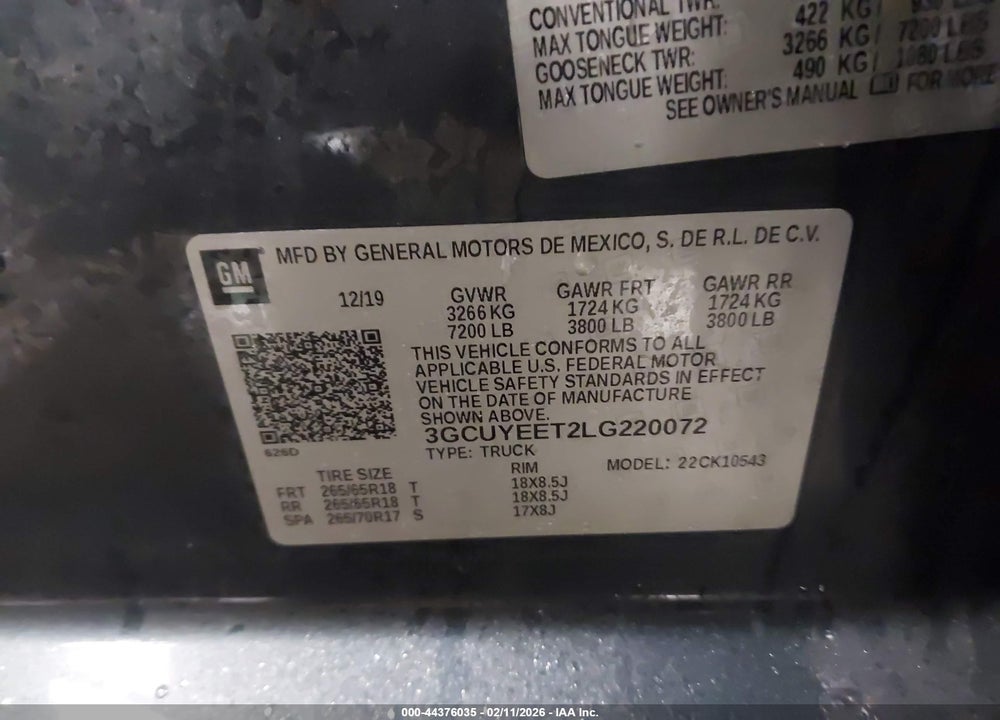 2020 CHEVROLET SILVERADO 1500 4WD  SHORT BED RST VIN: 3GCUYEET2LG220072