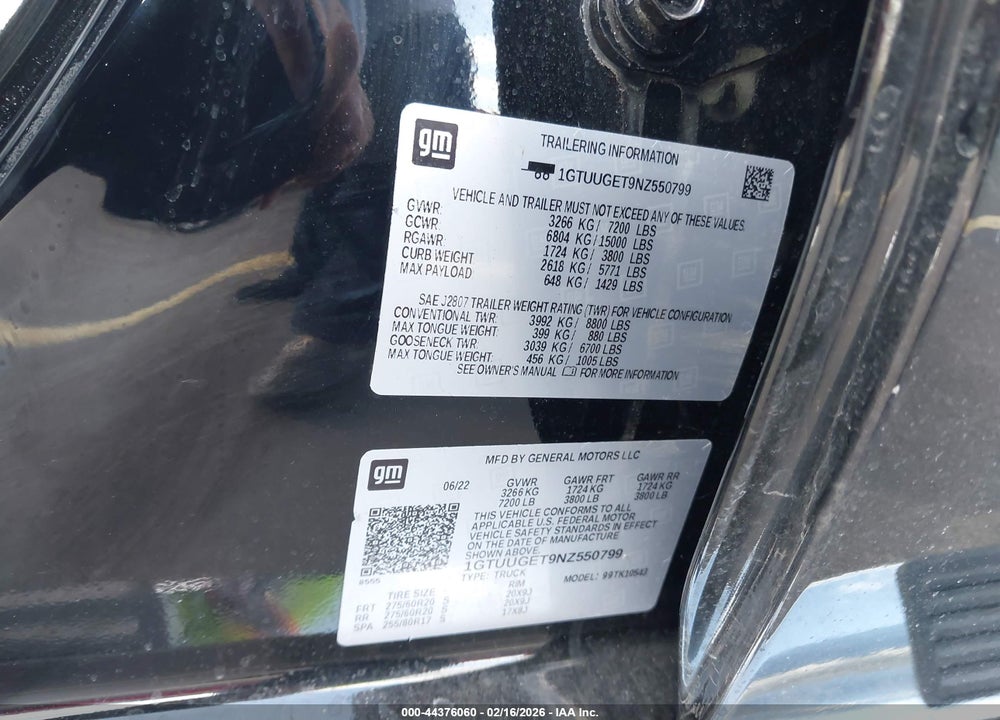 2022 GMC SIERRA 1500 4WD  SHORT BOX DENALI VIN: 1GTUUGET9NZ550799
